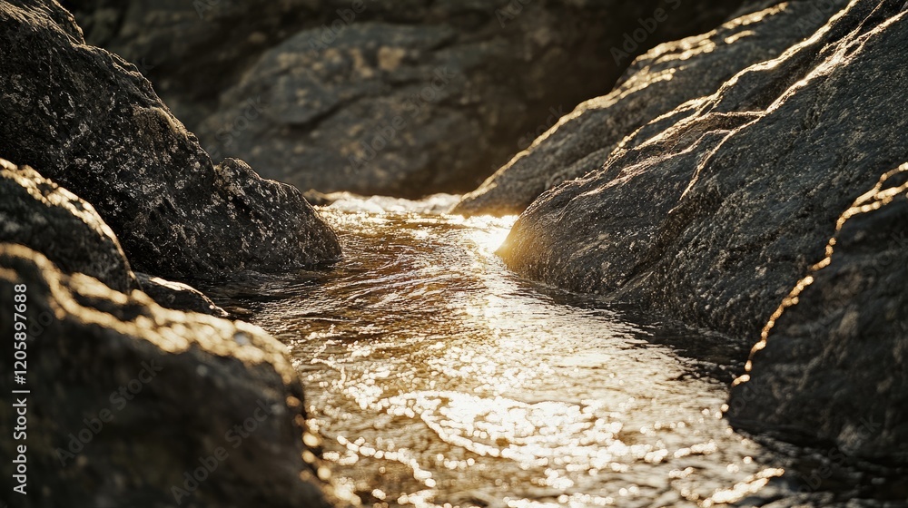 Sunlight Gleaming On Rocky Stream Water Flowing Sunlight Gleaming On Rocky Stream Water Flowing