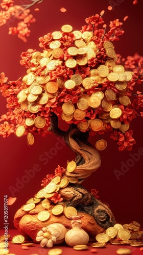 Money Tree with Gold Coins, Symbol of Wealth and Prosperity  .