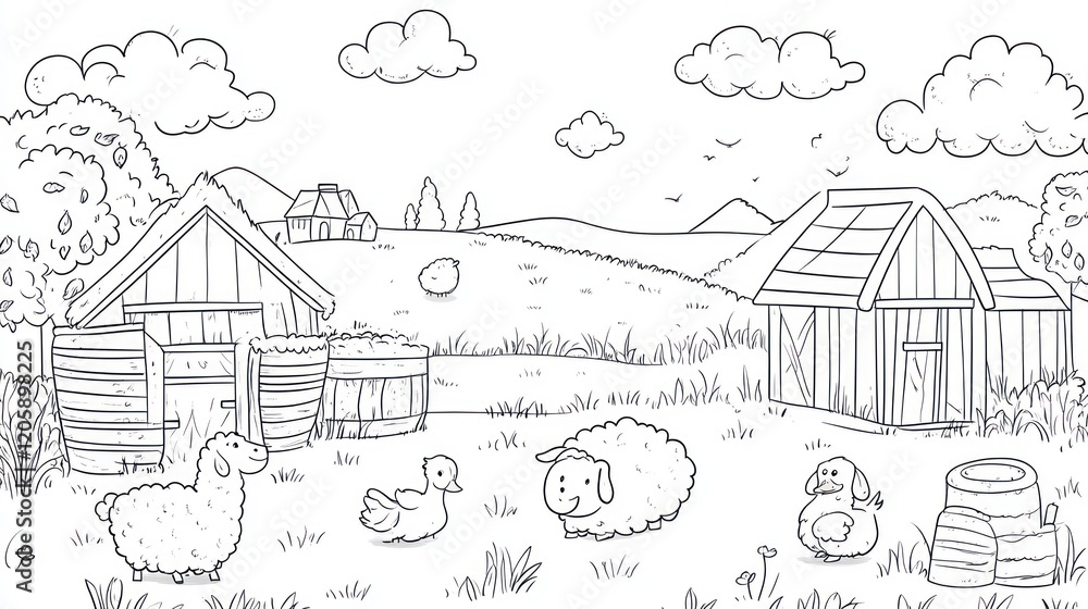 Obraz premium A set of cute farm animal characters such as sheep, goats, and ducks, surrounded by barns and haystacks, drawn with bold lines for an engaging kids' coloring activity 