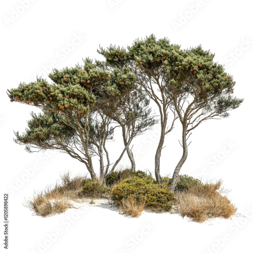 group of she oak trees with fine wispy foliage and cones, surrounded by sandy ground and dry grass, creating serene natural landscape