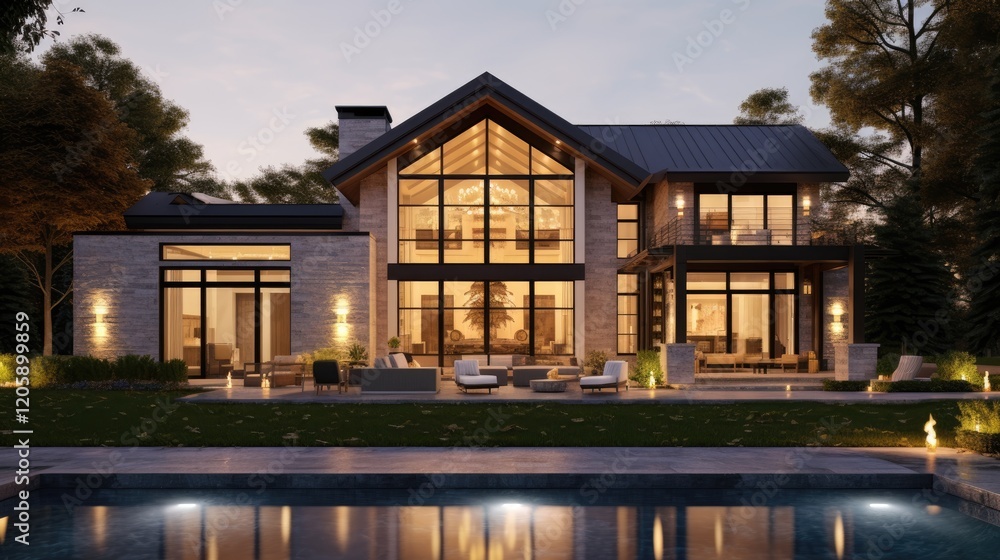 Modern Luxury Home Evening Illumination Poolside View Modern Luxury Home Evening Illumination Poolside View