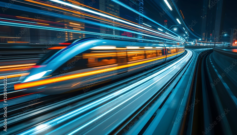 Futuristic cityscape at night, curved highway, light trails, motion blur, high-speed train, neon lights Futuristic cityscape at night, curved highway, light trails, motion blur, high-speed train, neon lights