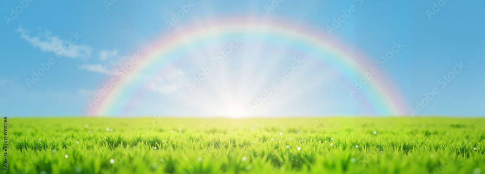 Naklejka premium Vibrant rainbow over green field and blue sky