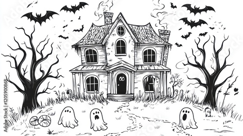 A spooky haunted house illustration with bats ghosts and dead trees for Halloween