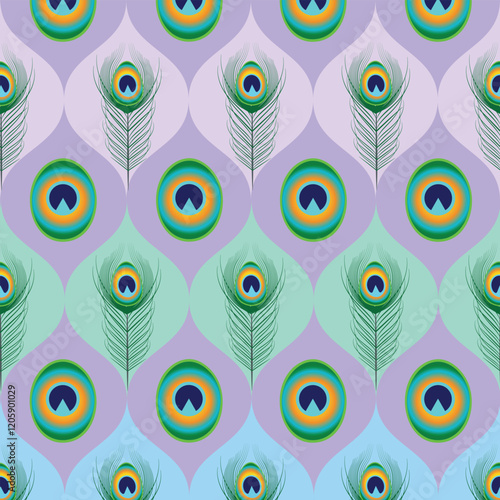 Peacock Feather Ogee Pattern with Soft Pastel Tones.A seamless pattern showcasing elegant peacock feathers arranged within a classic ogee design.