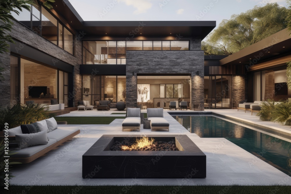 Fototapeta premium Modern House Backyard With Pool And Fire Pit