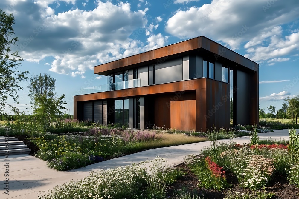 Fototapeta premium modern house with garden and sky, modern house exterior design on dark blue sky 