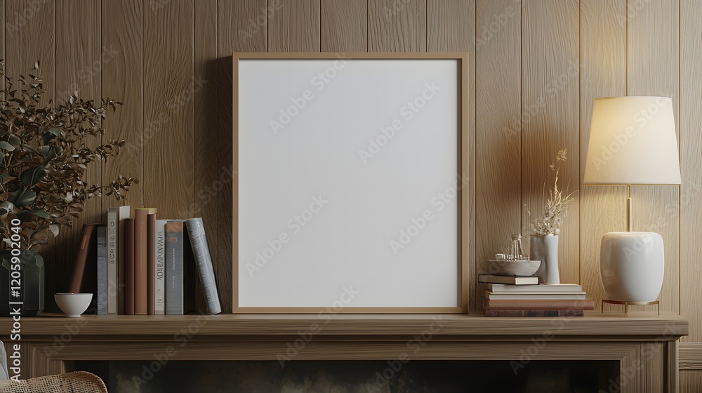 Elegant Blank Frame Resting on a Stylish Mantelpiece in a Cozy Interior Setting