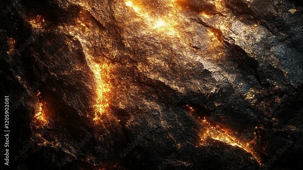 Glowing cracks in dark rock face, fiery backdrop, ideal texture Glowing cracks in dark rock face, fiery backdrop, ideal texture