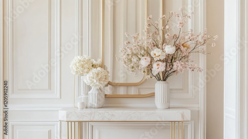 A stylish entryway with a marble console table, gold-framed mirrors, and a vase of fresh flowers, set against a neutral, sophisticated backdrop, captured in a refined, minimalist photography style