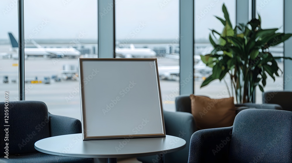 Blank Metallic Frame Resting on Corner Table with Airport View in Modern Lounge Area