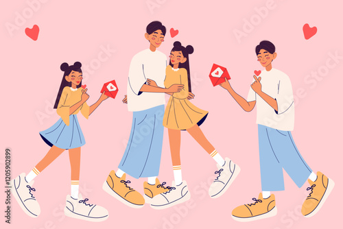 Valentine`s day. Set with cute couple, who hugging, holding love envelope. Love concept. Modern isolated vector illustration.