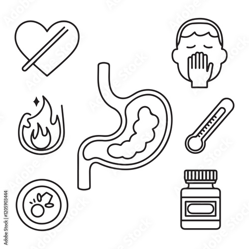 Stomach ache and pain related editable outline icons.