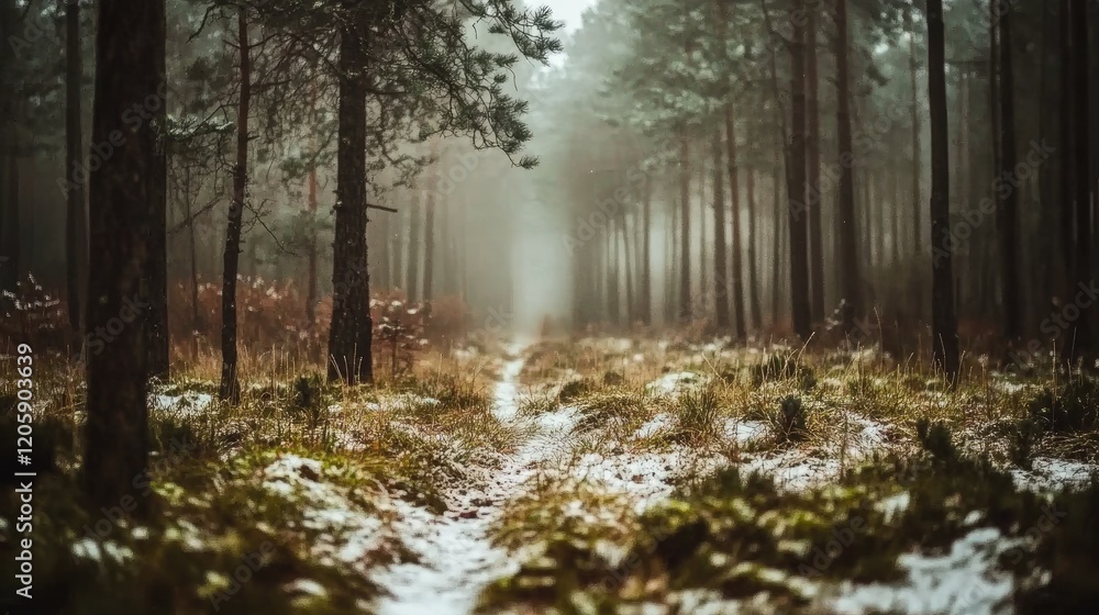 Fototapeta premium Snowy Path Through A Misty Pine Forest