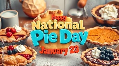 stock photo displaying National Pie Day typography in iridescent colors and warm golden hour light.