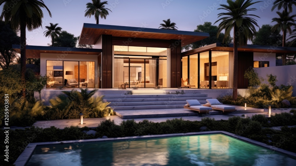Fototapeta premium Modern Tropical House With Pool And Lush Landscaping