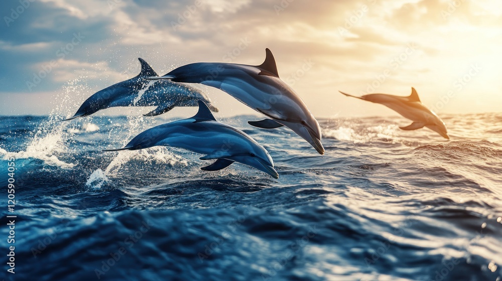 Naklejka premium Dolphins leaping through the waves, embodying freedom and joy.