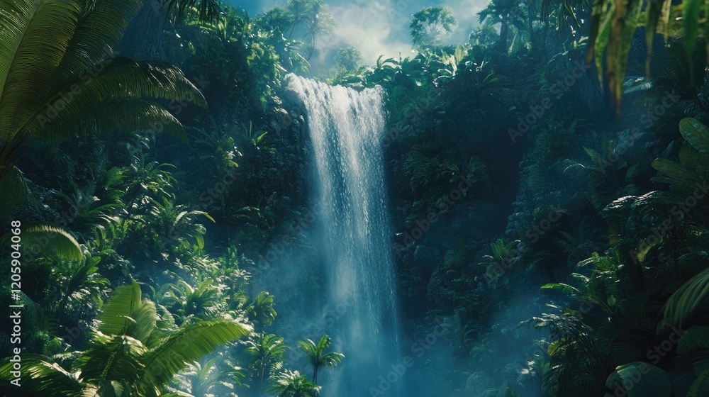 Lush Tropical Waterfall Cascading Through Verdant Jungle Lush Tropical Waterfall Cascading Through Verdant Jungle
