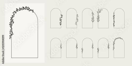 Zestaw dekoracyjnych ramek w minimalistycznym stylu z delikatnymi listkami. Proste botaniczne dekoracje do wykorzystania w projektach.