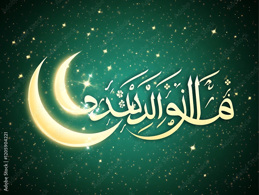Crescent Moon and Arabic Calligraphy Against Starry Night Crescent Moon and Arabic Calligraphy Against Starry Night