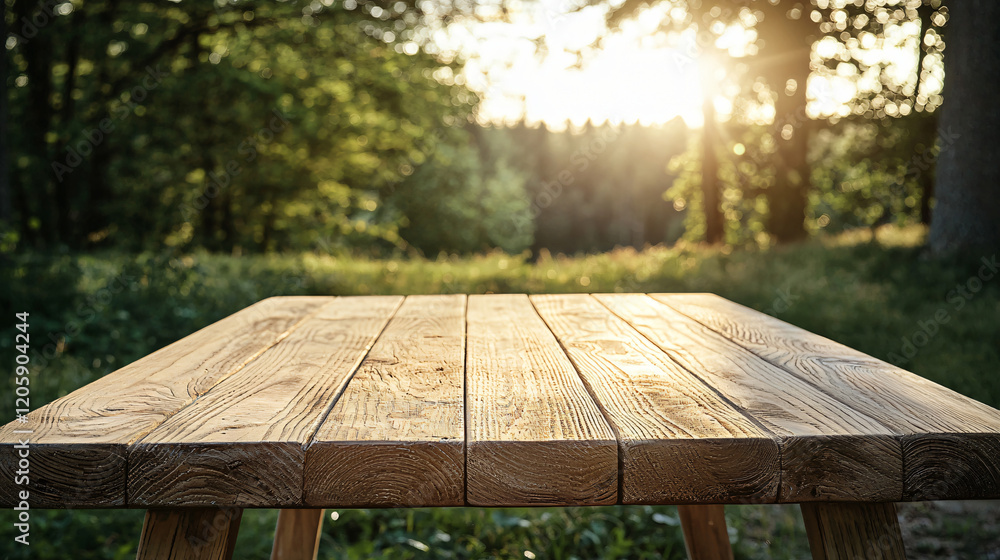 Naklejka premium Simple wooden table in natural tones, set against a green forest background with soft sunlight filtering through trees. 