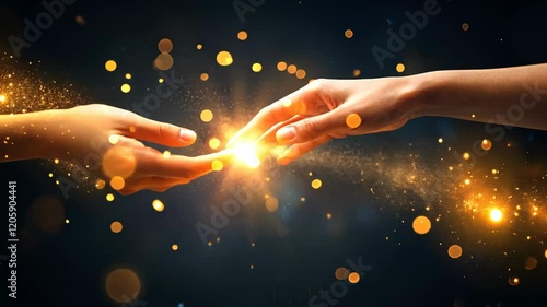 Hands reaching toward each other with glowing sparks in a dark background creating a sense of connection and energy