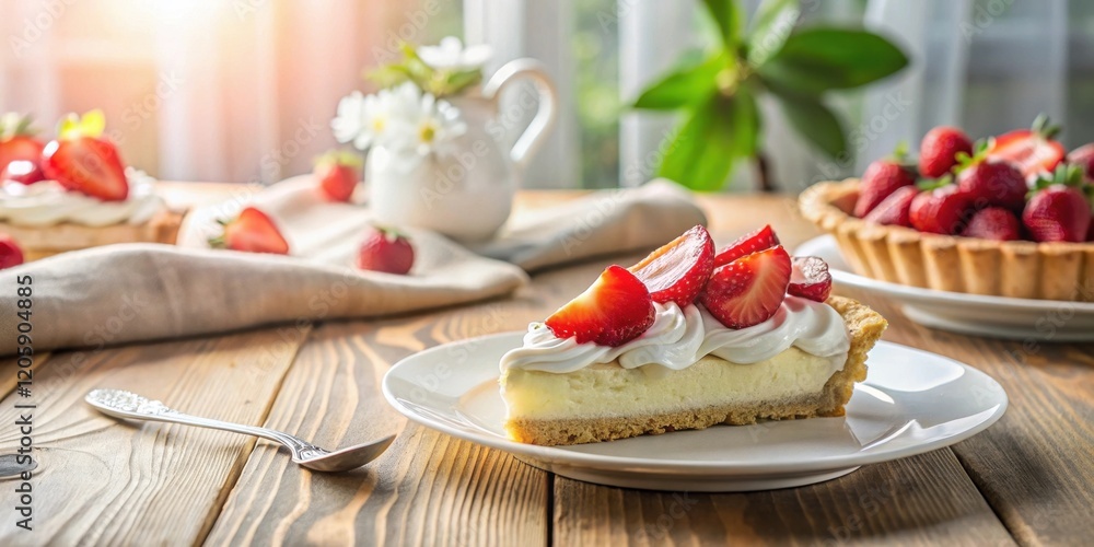 A delectable slice of creamy strawberry tart, adorned with fresh berries and whipped topping, sits on a rustic wooden table alongside additional tarts, creating a picturesque dessert scene. A delectable slice of creamy strawberry tart, adorned with fresh berries and whipped topping, sits on a rustic wooden table alongside additional tarts, creating a picturesque dessert scene.