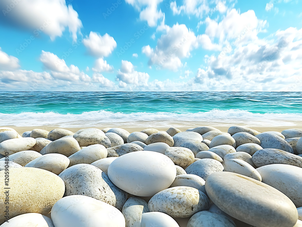 breathtaking view of a chalcedony coastline with smooth stones scattered along the shore, the vibrant blues of the ocean meeting a cloudy sky breathtaking view of a chalcedony coastline with smooth stones scattered along the shore, the vibrant blues of the ocean meeting a cloudy sky