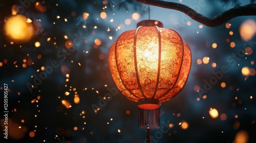 Illuminated Lantern Hanging from Branch
