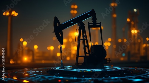 Digitalized oil pump on graphical motherboard interface, holographic Data Analytics and Digital Screens.