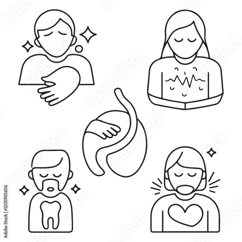 Stomach ache and pain related editable outline icons.