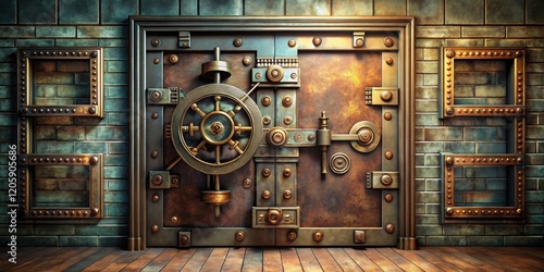 Mysterious door with complex locking mechanism and cryptic symbols, escape room photo