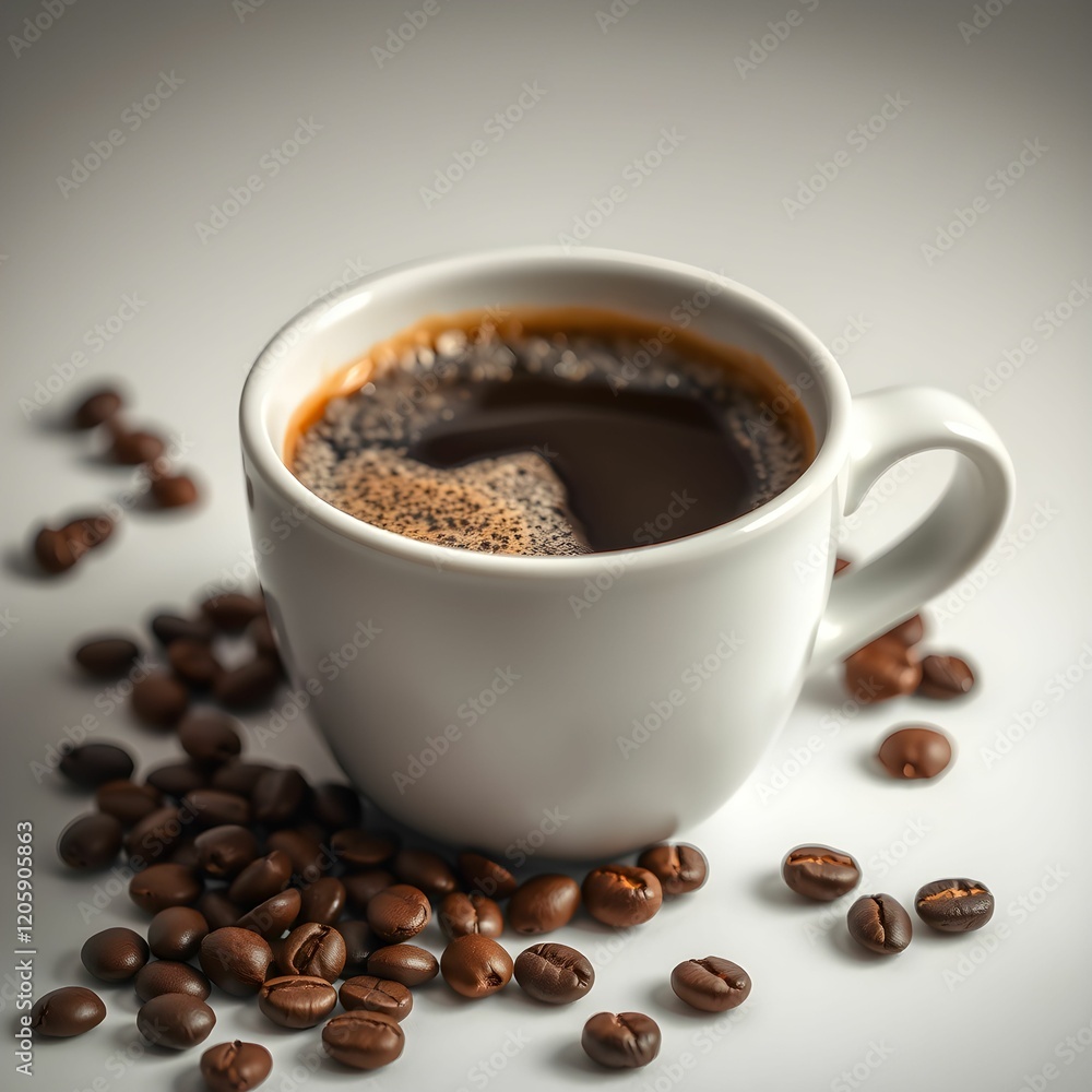 Coffee cup, espresso, white porcelain, saucer, coffee beans, close-up, frothy crema, dark roast, aromatic, high contrast, steam rising, rich texture, morning ritual Coffee cup, espresso, white porcelain, saucer, coffee beans, close-up, frothy crema, dark roast, aromatic, high contrast, steam rising, rich texture, morning ritual