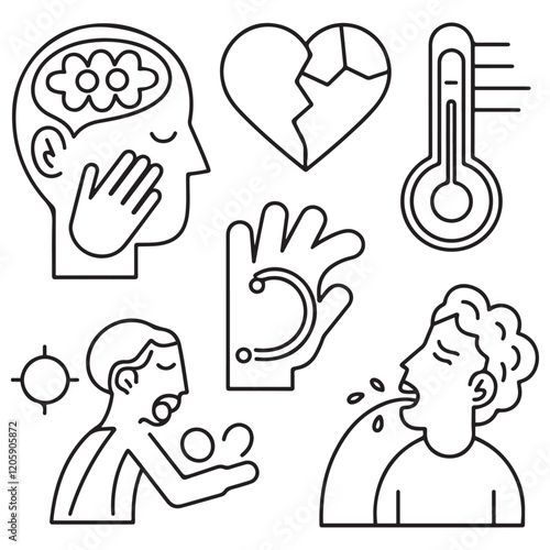 Stomach ache and pain related editable outline icons.