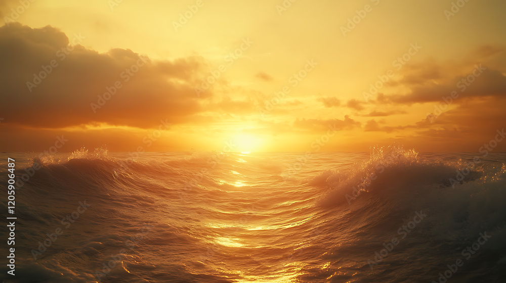 Obraz premium vivid sunset casting golden hues over a chalcedony coast with soft waves crashing, offering an elegant scene 