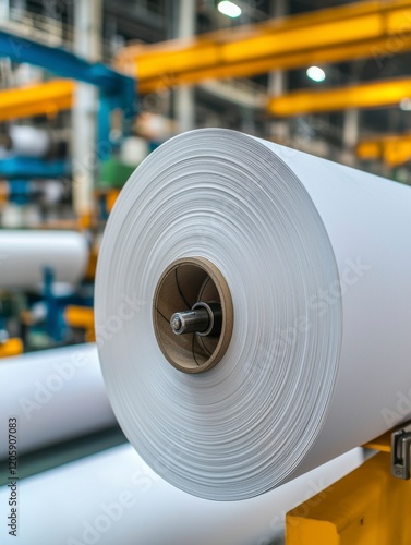 A large roll of white paper sits in a factory, with machinery and industrial elements in the background, showcasing a manufacturing process.