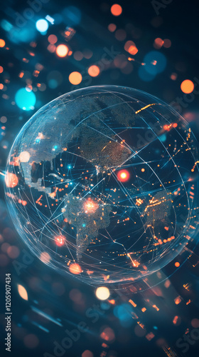 Digital world map showing connections with glowing dots and lines, concept of global network and internet of things