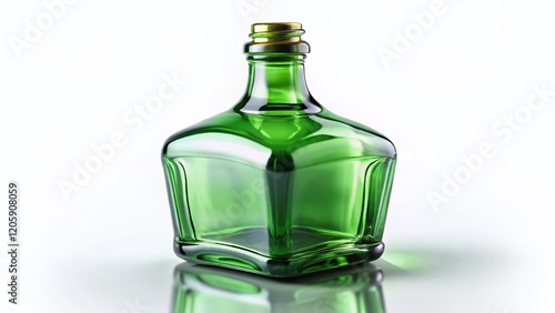 Empty Green Brandy Bottle, Tilt-Shift Miniature, White Background Stock Photo