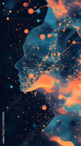 AI generating digital human face, blending with networked data streams, representing technological convergence and human-machine interaction