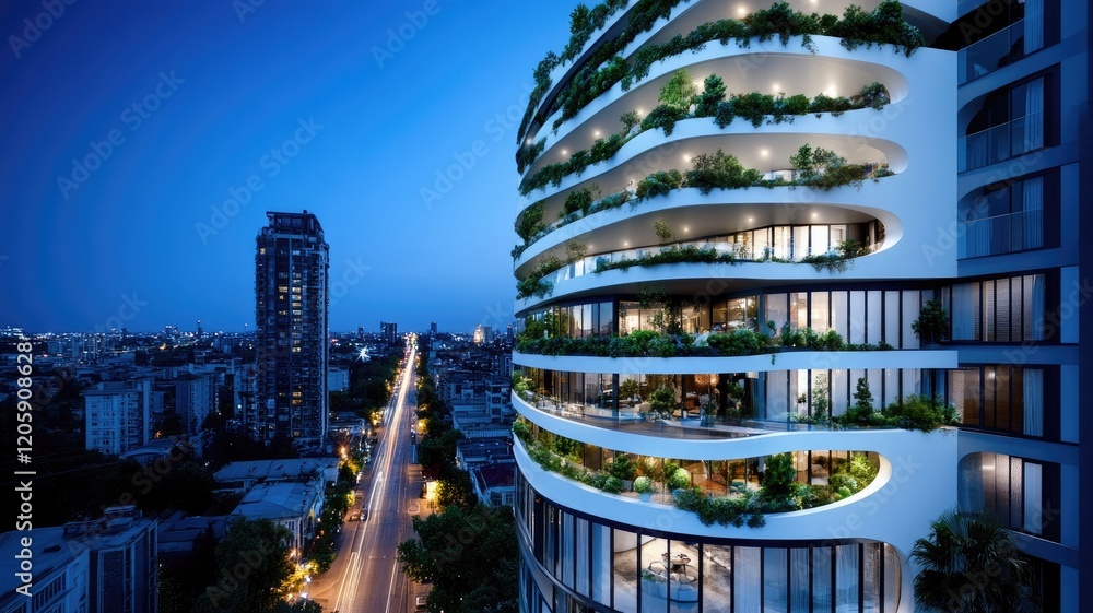 Obraz premium Modern high-rise building with lush greenery on balconies at night