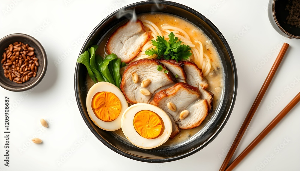 ramen bowl, pork slices, soft-boiled eggs, green vegetables, red broth, chopsticks, black ceramic bowl, overhead view, food photography, vibrant colors, appetizing ramen bowl, pork slices, soft-boiled eggs, green vegetables, red broth, chopsticks, black ceramic bowl, overhead view, food photography, vibrant colors, appetizing