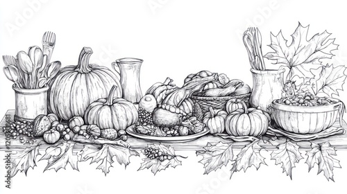 A Detailed Thanksgiving Feast Illustration featuring Pumpkins, Food and Autumn Leaves in black and white
