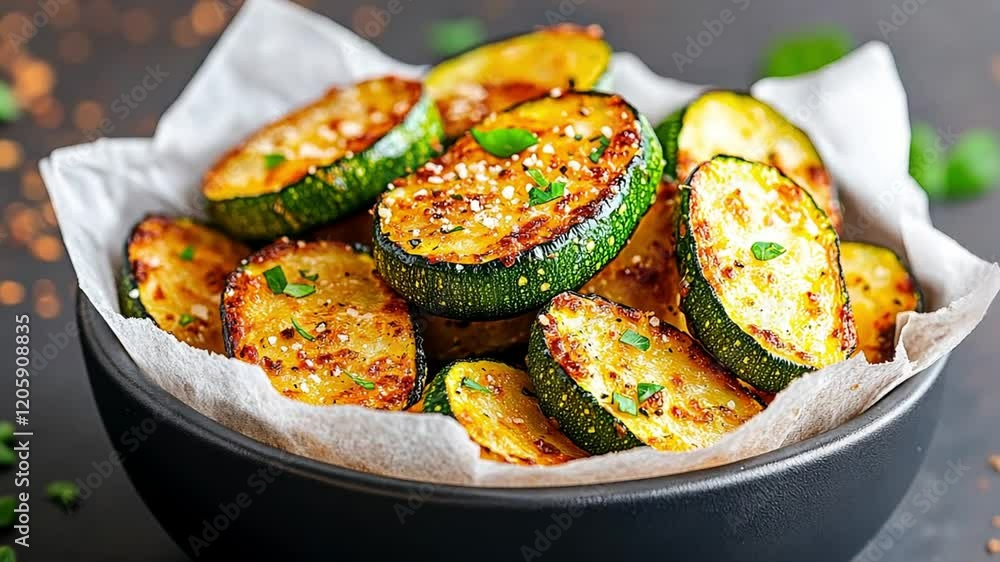 Crispy roasted zucchini slices in a black bowl Crispy roasted zucchini slices in a black bowl