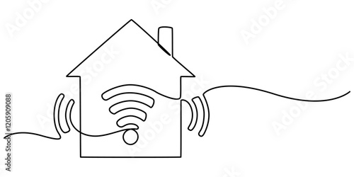 Smart house with wifi continuous one line drawing of white background. Continuous Line Drawing of Smart House Icon. Hand Drawn Symbol Vector Illustration, Work From Home Line Icons With Editable. 