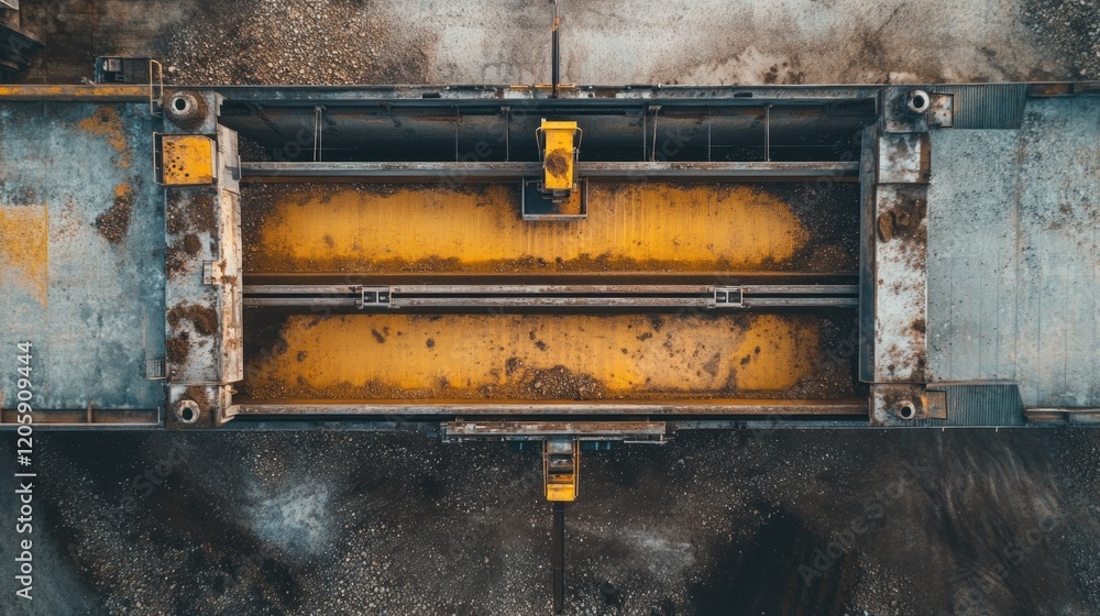 Aerial view of rusty, yellow industrial container with machinery. Aerial view of rusty, yellow industrial container with machinery.