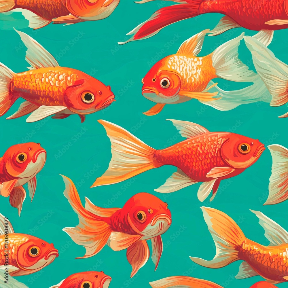 Fototapeta premium Group of gold fish in cartoon style, seamless pattern on a green background.