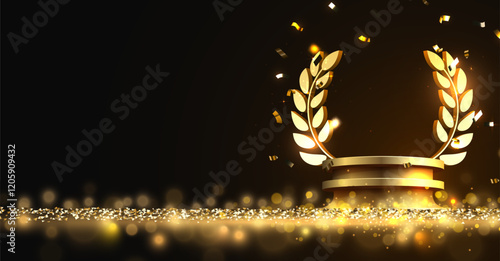 Award round podium with laurel wreath on dark background. Vector golden symbol of victory, achievement, success, rewarding of winner.