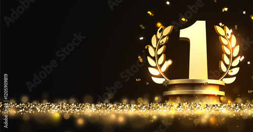 Winner award. Number one. Golden laurel wreath on podium with falling confetti.