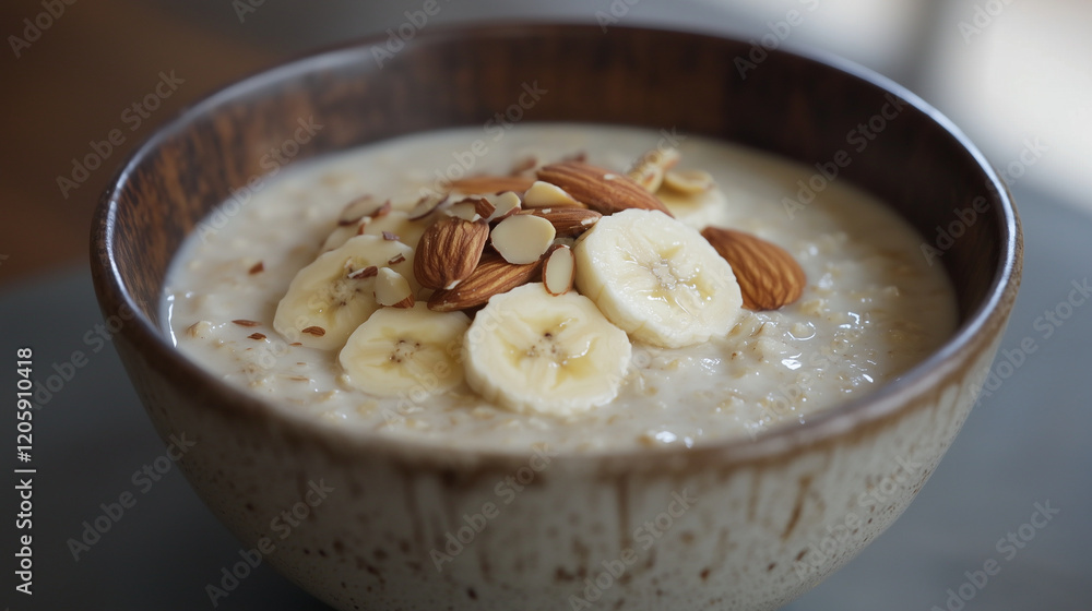 Creamy Oatmeal with Banana and Almonds in Rustic Bowl Creamy Oatmeal with Banana and Almonds in Rustic Bowl