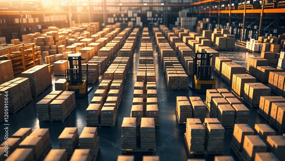 Obraz premium Retail warehouse full of shelves with goods in cartons, with pallets and forklifts. Logistics and transportation blurred background. Product distribution center